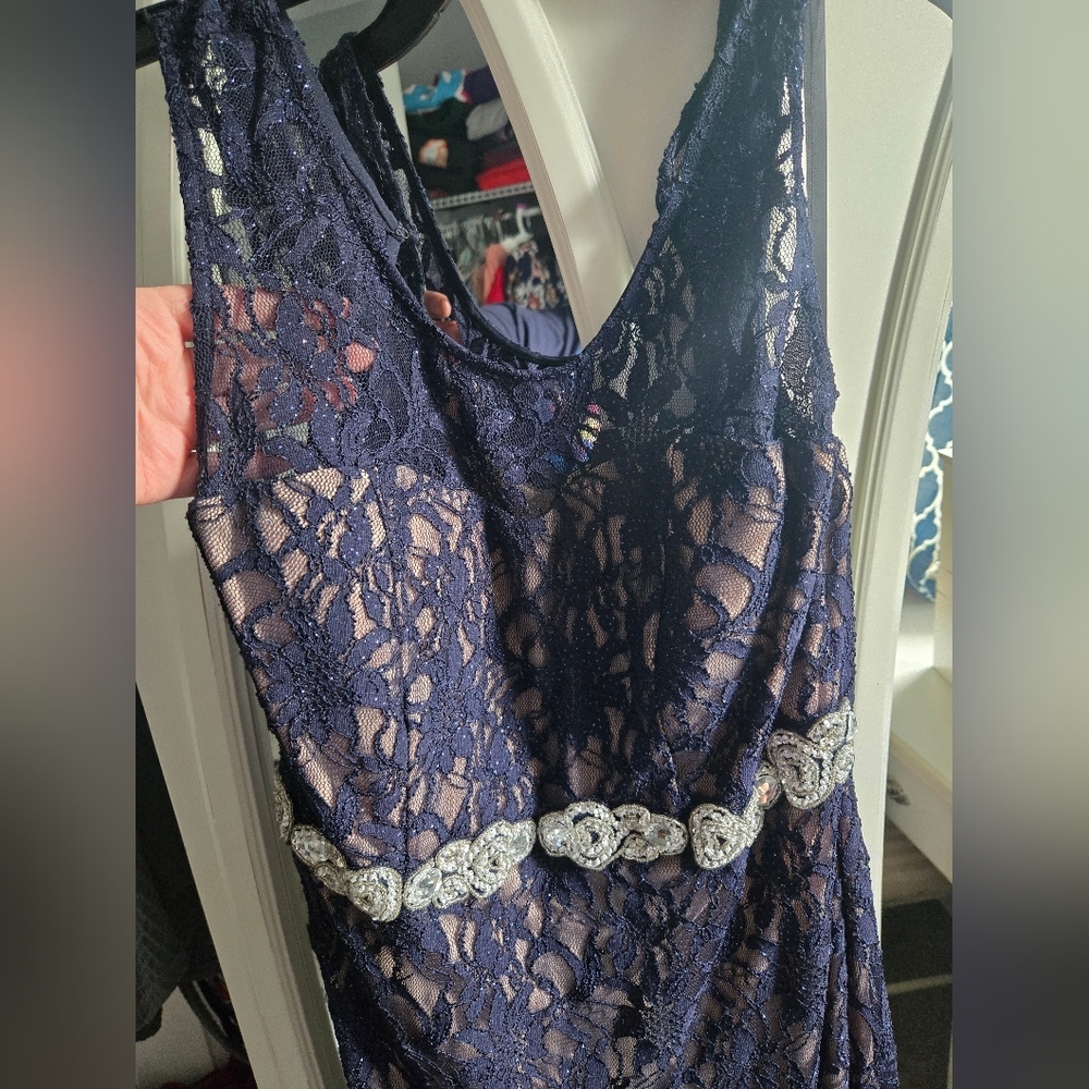 Deb Navy Lace Prom Dress with Silver Accents - Picture 2 of 4